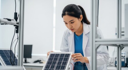 A young woman in a lab coat examining a solar panel in a laboratory setting.
