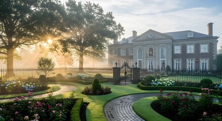 Elegant Manor Home with Lush Colorful Garden and Morning Sunlight
