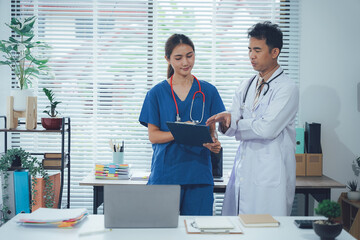 Healthcare Harmony: A doctor and nurse discuss and consult patient files with a blend of...