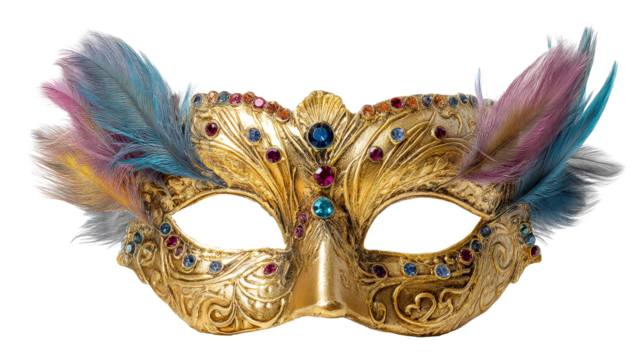 Colorful decorative masquerade mask with feathers and jewels