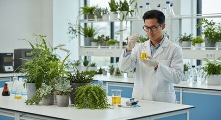A scientist in a lab coat examining a plant sample in a laboratory setting.