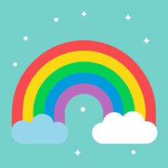 Bright rainbow with clouds and stars on a teal background
