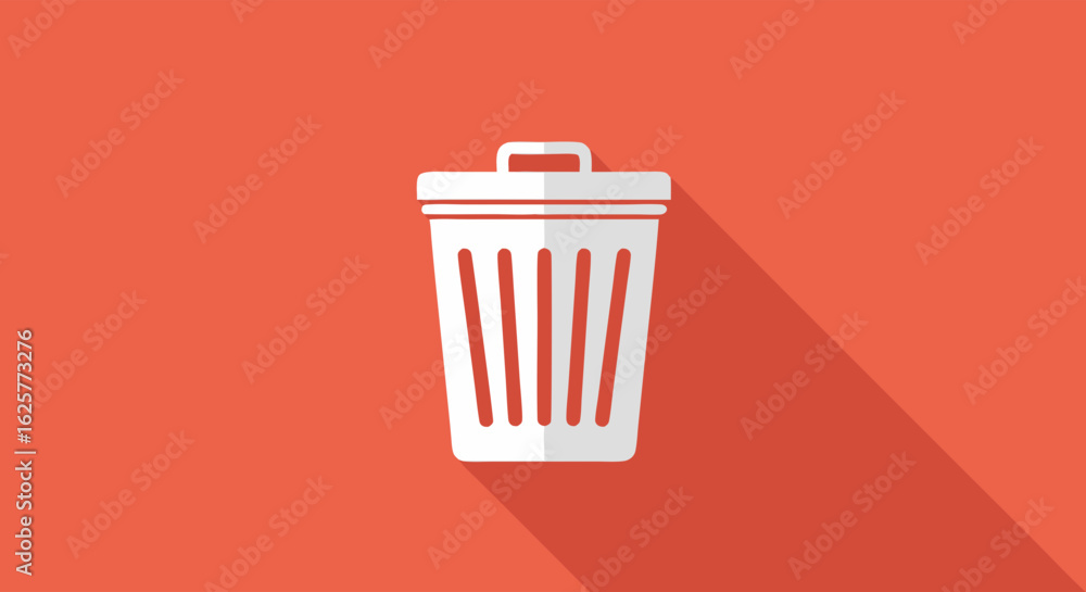 Poster minimalist trash can icon design with flat style and long shadow on orange background depicting conc