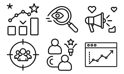 Marketing and Business Line Icons 6 Vector Icons for SEO Link Building, Sales Funnel, Promotion, Analytics, Customer Targeting and Digital Advertising