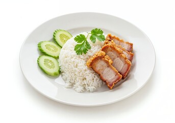 Pork Belly with Jasmine Rice and Garnished Cucumbers on Plate