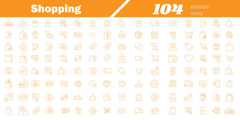 Shopping Line Editable Icons Set-Vector illustration for web and mobile app-Orange icons for cart, shop, offer, delivery, e-commerce, buy, product, market, purchase, customer, online shopping and more