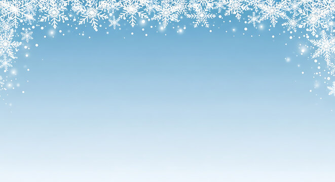 A serene light blue gradient background adorned with a decorative top border of sparkling white snowflakes and falling snow.
