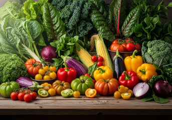 Assortment of fresh, colorful, raw vegetables in a basket.