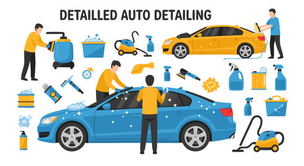 Complete professional auto detailing process illustration showcasing meticulous cleaning and restoration with specialized equipment and skilled