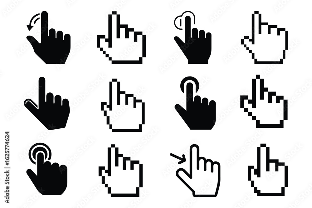 Fototapete collection of pixelated cursor and hand pointer icons with subtle shadows for digital interfaces