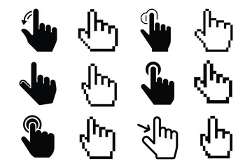 Obraz premium Collection of pixelated cursor and hand pointer icons with subtle shadows for digital interfaces