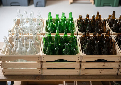 Crates of empty green glass bottles ready for recycling or reuse.