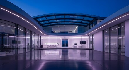 Fototapeta premium Modern Architectural Design with Glass Roof and Glowing Lights at Twilight