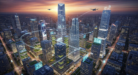 Obraz premium Stunning aerial view of a brightly lit city skyline at night.