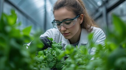Focused scientist cultivating plants in modern greenhouse lab, research and development for sustainable agriculture and organic food, future of farming innovation