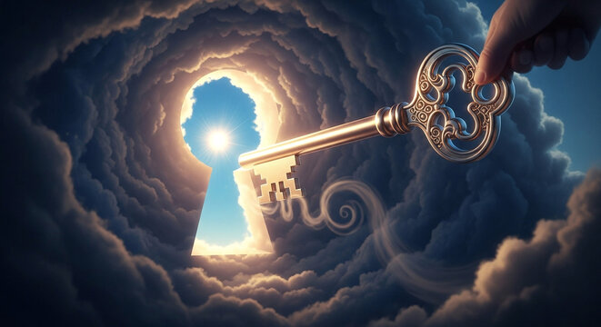 Golden key unlocking a keyhole in the clouds, symbolizing opportunity and success.