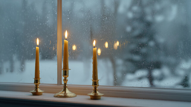 Three tall taper candles flickering in brass holders by frosted window, swirling snowstorm outside, warm candlelight reflection on icy glass, cozy winter atmosphere, 4k image - Powered by Adobe