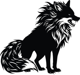 Vector silhouette of an aggressive wild black wolf or fox with a bushy tail and open mouth showing fangs, with a detailed fur and mane, on a white background.