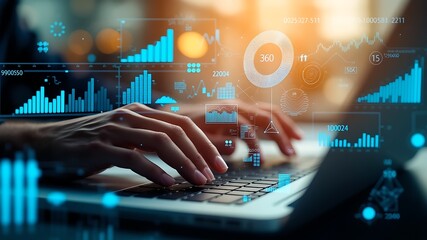 Hands typing on a laptop with futuristic digital data visualizations and glowing analytics overlays