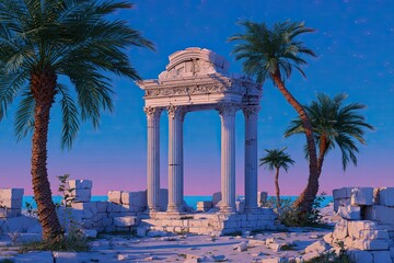 Fototapeta premium Ancient ruins under a twilight sky, palm trees surround a stone archway