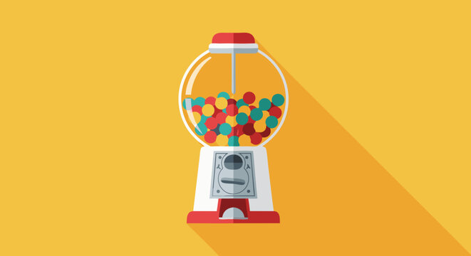 Colorful Flat Illustration of a Classic Gumball Machine Dispensing Sweet Treats, Symbolizing Childhood Nostalgia and Simple Joys on a Sunny Yellow