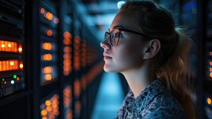 Focused IT specialist monitoring server performance in a data center, ensuring network security and data integrity, with cutting-edge technology and expert analysis