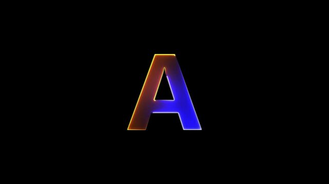 Glowing neon letter A , glowing neon font, A alphabet symbol . Seamless looping alphabet animation on black background.