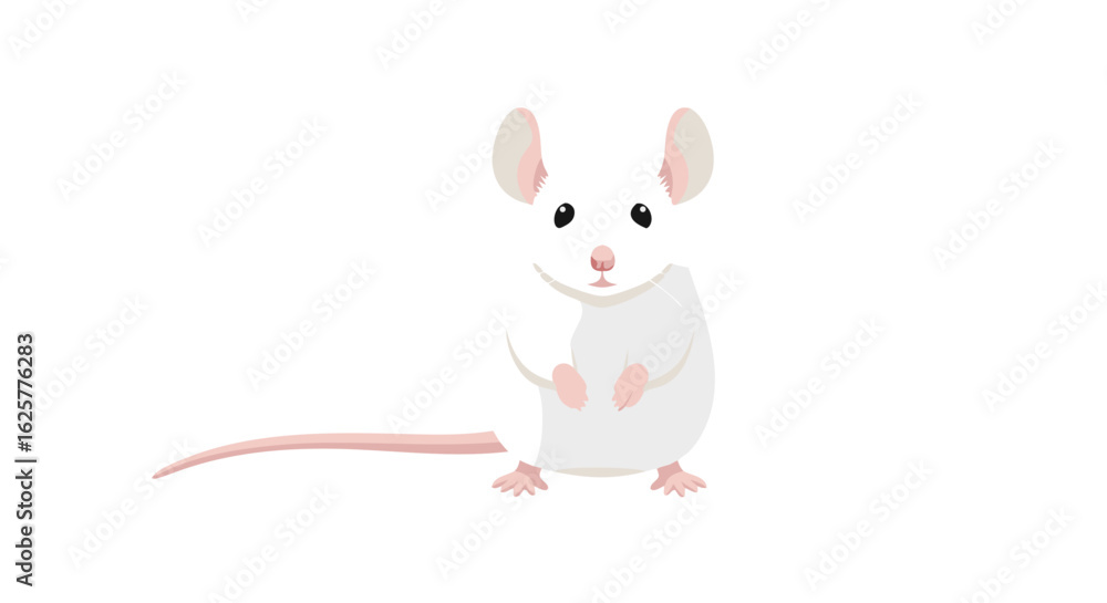 Poster charming cartoon white mouse with pink ears and tail on a plain background in a minimalist design pe