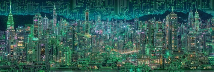Futuristic Cityscape at Night with Digital Circuit Patterns and Neon Lights Reflecting a High-Tech Urban Environment