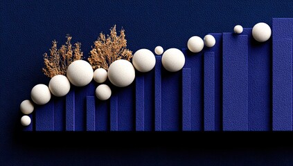 Abstract graphic.  White spheres ascend a dark-blue, textured bar graph.  Dried grasses/plants rest on the graph