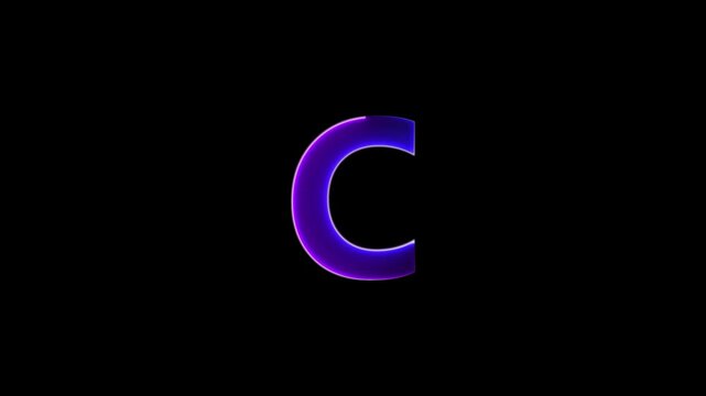 Glowing neon letter C , glowing neon font, C alphabet symbol . Seamless looping alphabet animation on black background.