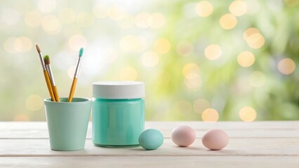 Pastel easter eggs painting preparation with paint brushes and teal paint