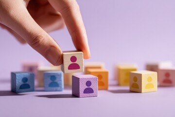 Hand places wooden block with person icon for business recruitment