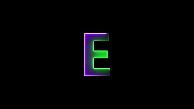 Glowing neon letter E , glowing neon font, E alphabet symbol . Seamless looping alphabet animation on black background.