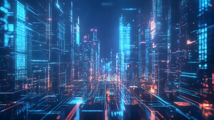 Obraz premium futuristic digital cityscape with glowing data streams and neon grids, no humans present, deep blue tones 