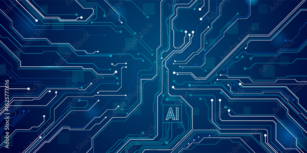 Poster ai innovation futuristic concept. technology blue background. on power blue button, and circuit boar