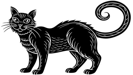 Vintage illustration of a black cat with curled tail isolated on white background