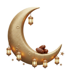Ramadan Crescent Moon: Lantern & Dates 3D Render Isolated on Transparent Background © Ownees