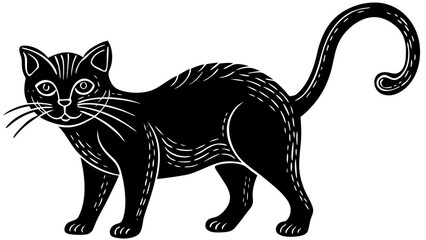 Black cat with arched back and curled tail isolated on white background