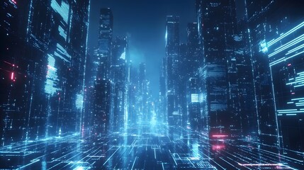 futuristic digital cityscape with glowing data streams and neon grids, no humans present, deep blue tones 

