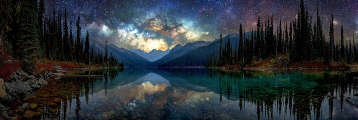 Obraz premium Majestic Night Sky Over Serene Mountain Lake with Stars, Reflections, and Lush Pine Trees in a Peaceful Wilderness Setting