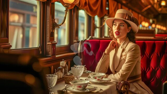An elegant woman in the Orient Express train restaurant