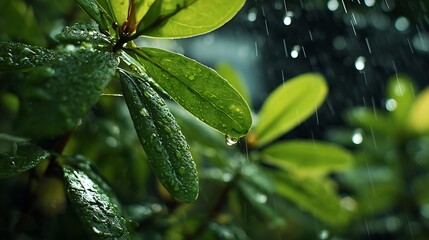 Closeup of Lush Green Leaves in the Rain