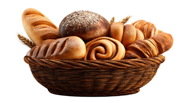 Variety of fresh baked bread rolls in a woven basket