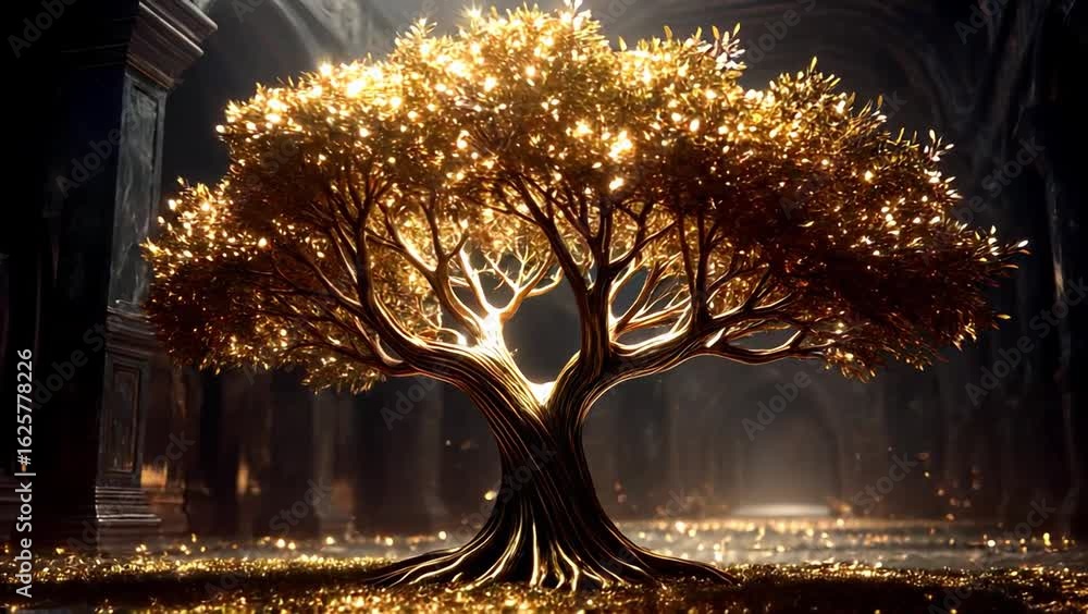 Poster luminous golden tree with glowing branches and sparkling leaves in grand dark hall creating enchanti