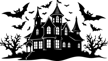 Haunted mansion with bats flying around isolated on white background