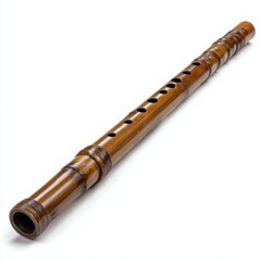 Naklejka premium An antique wooden wind instrument with finger holes and a flared bell on a white background