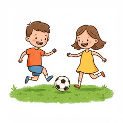 Kids playing soccer on a green field, happy children and football game