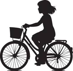 Vector Silhouette of Young Girl Riding Bicycle with Basket in Nostalgic Minimalist Style

