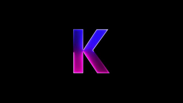 Glowing neon letter K , glowing neon font, K alphabet symbol . Seamless looping alphabet animation on black background.